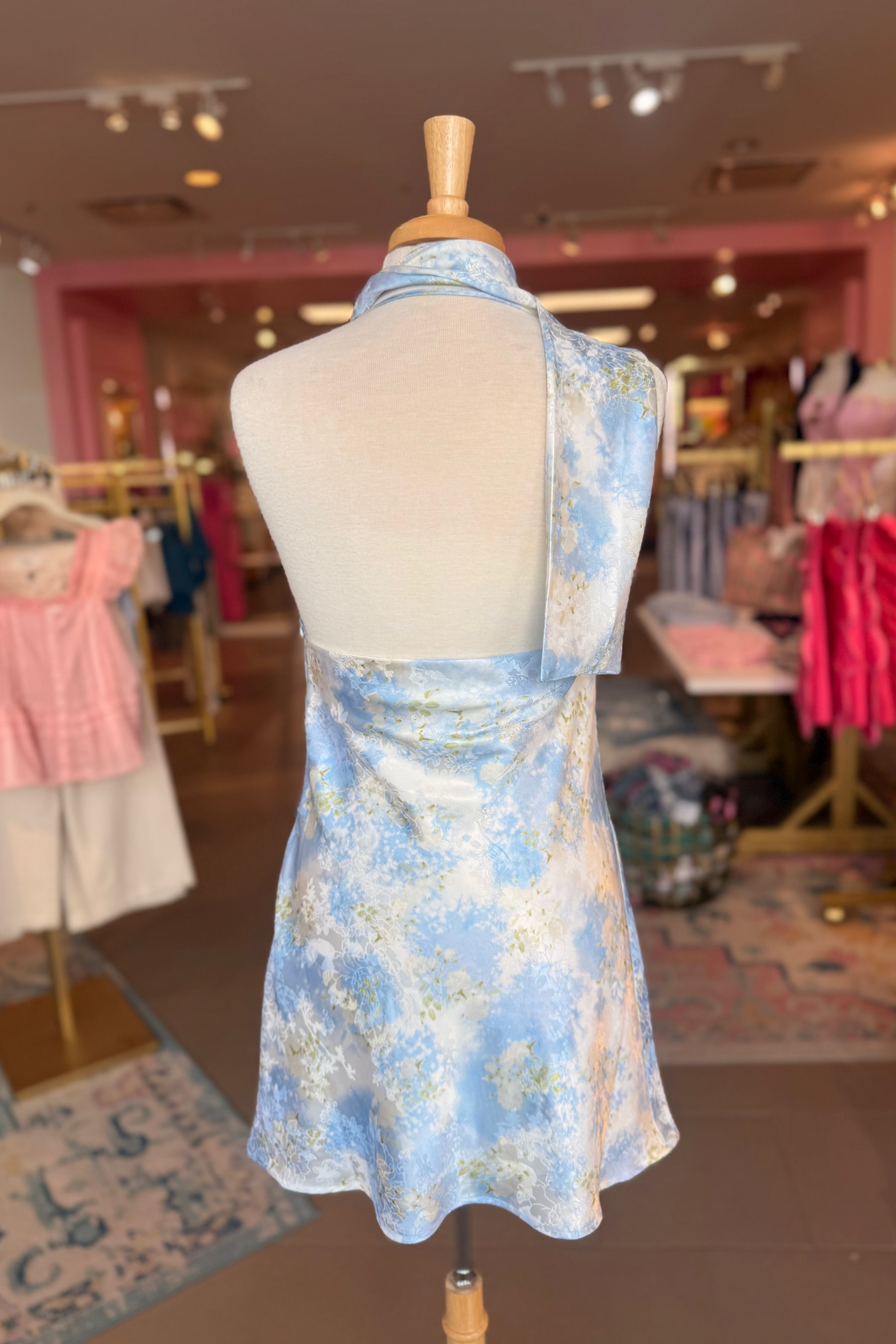 Floral Print Neck Sash Mini Dress - Light Blue