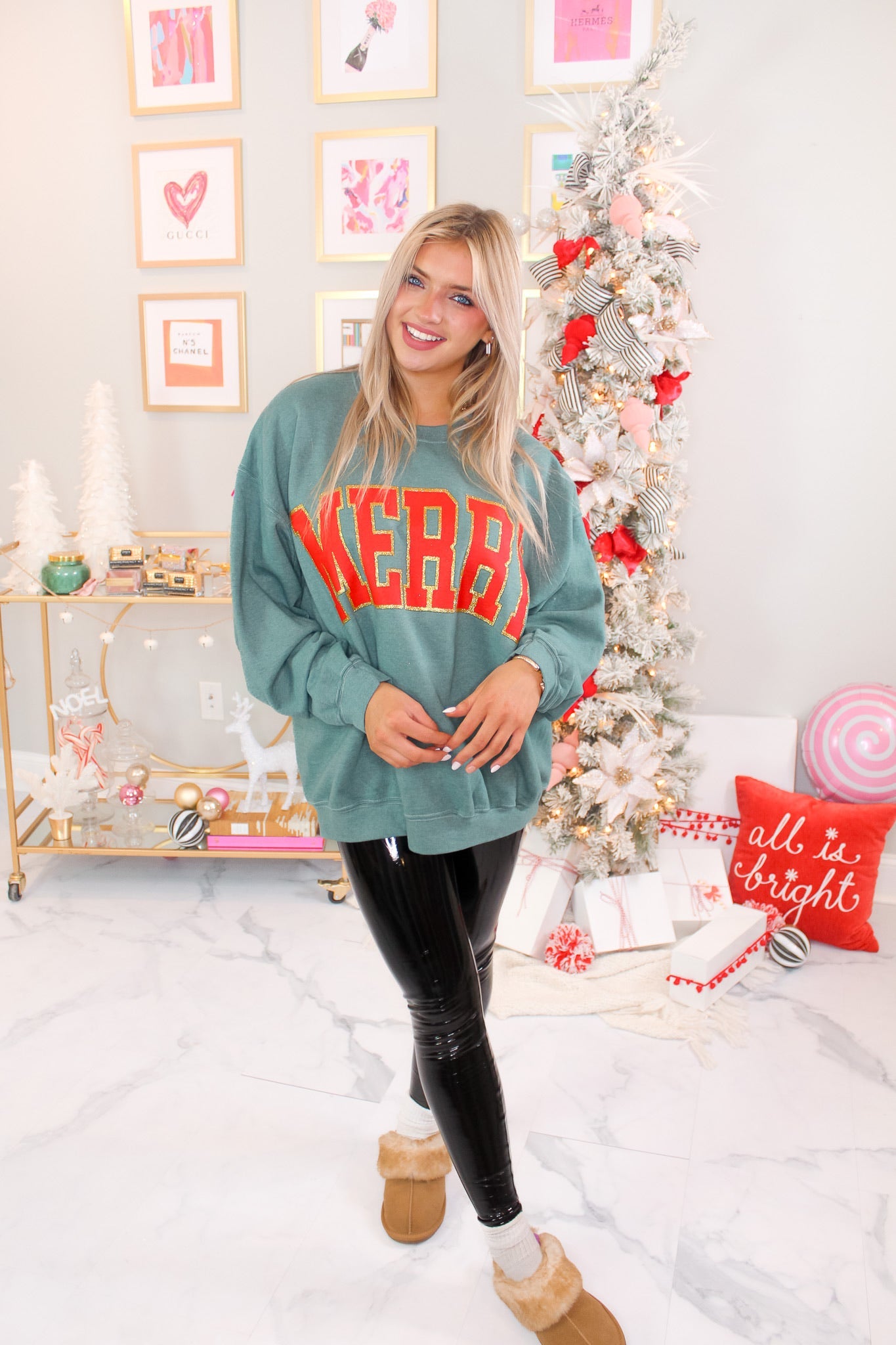 Heather Green Glitter Merry Crewneck