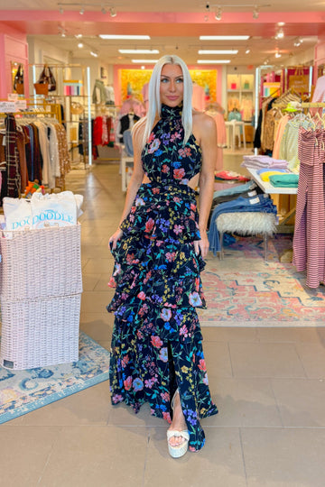 Black Floral Print Tiered Ruffle Maxi Dress