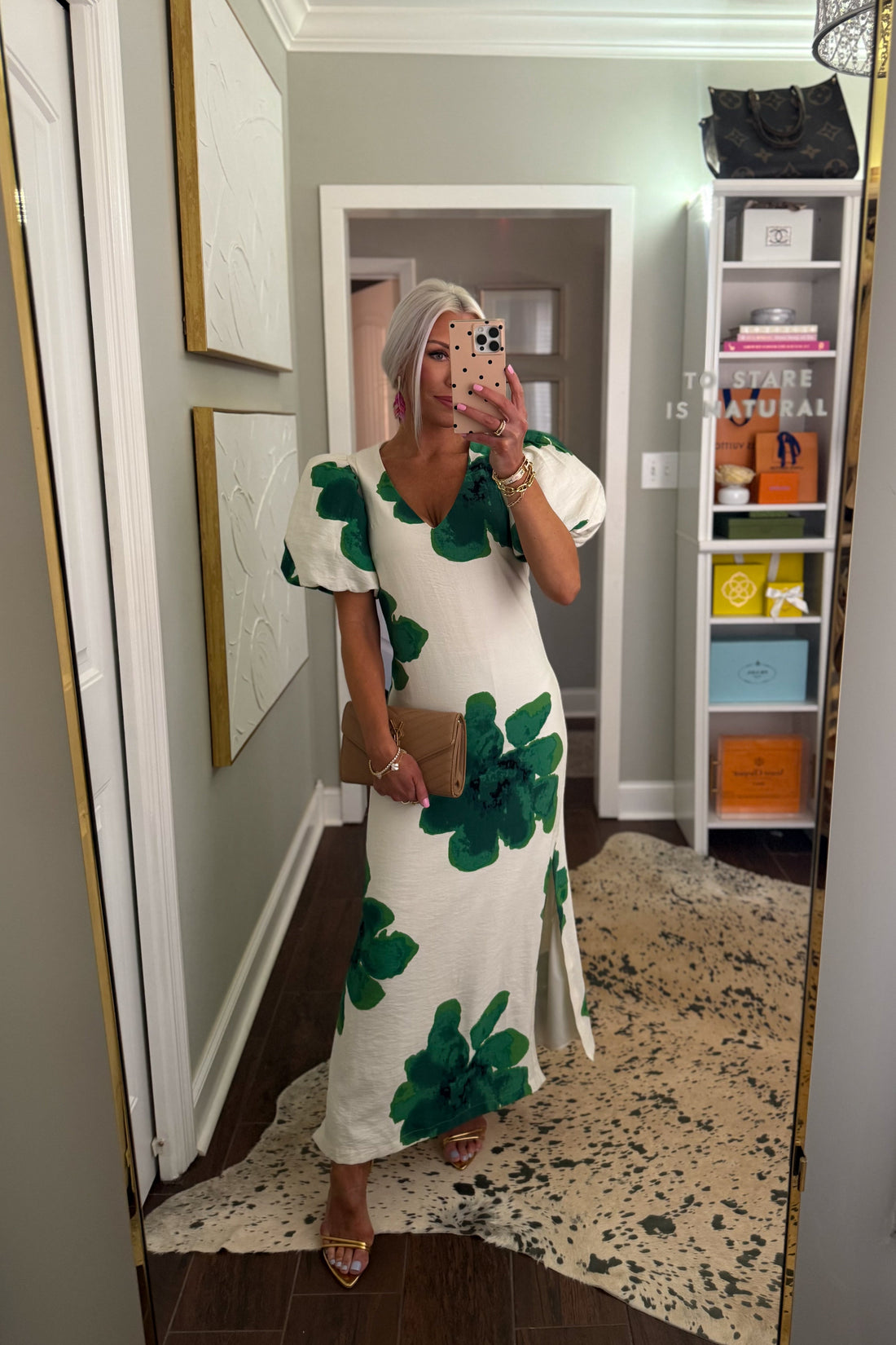Green Flower Print Puff Sleeve Maxi Dress