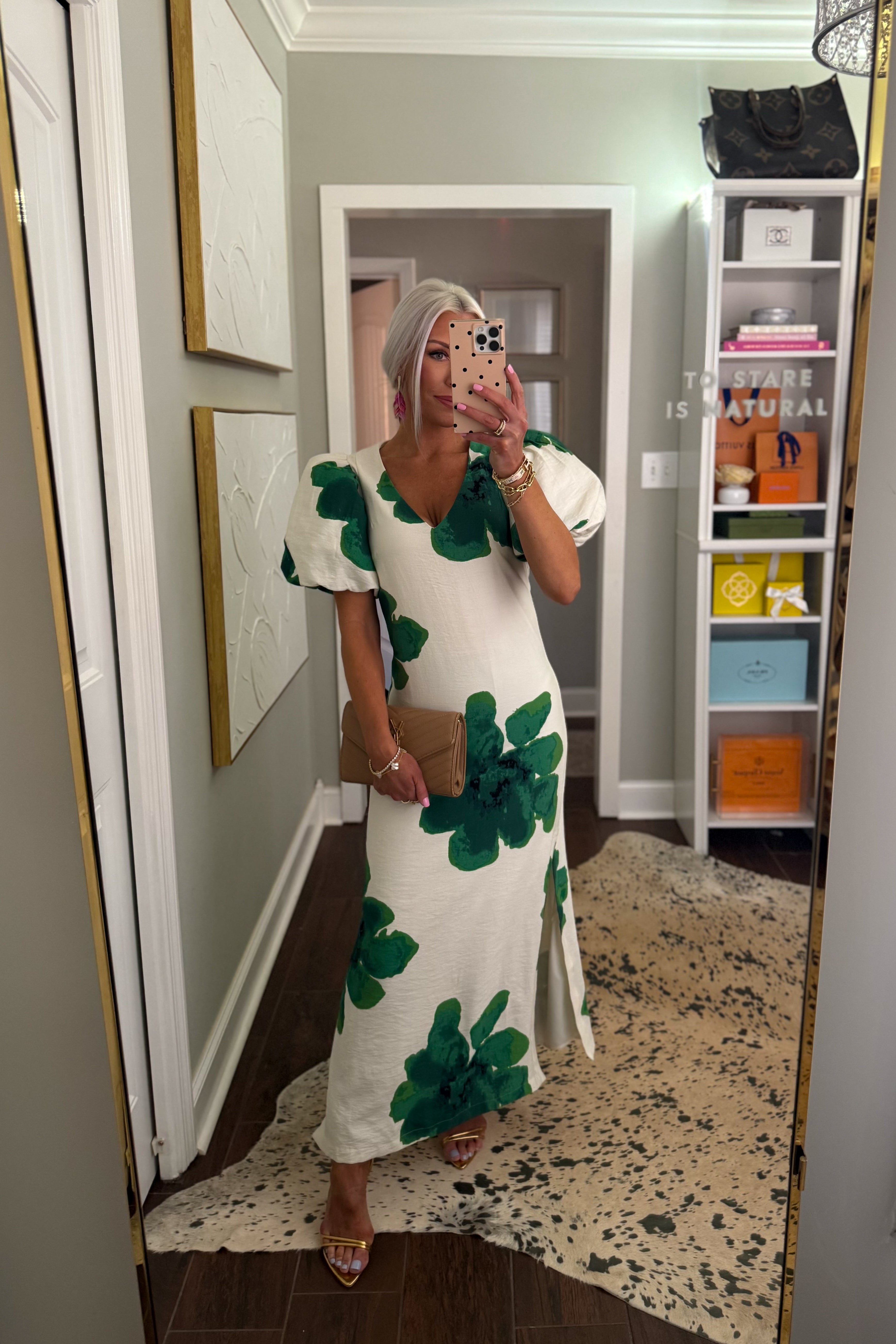 Green Flower Print Puff Sleeve Maxi Dress