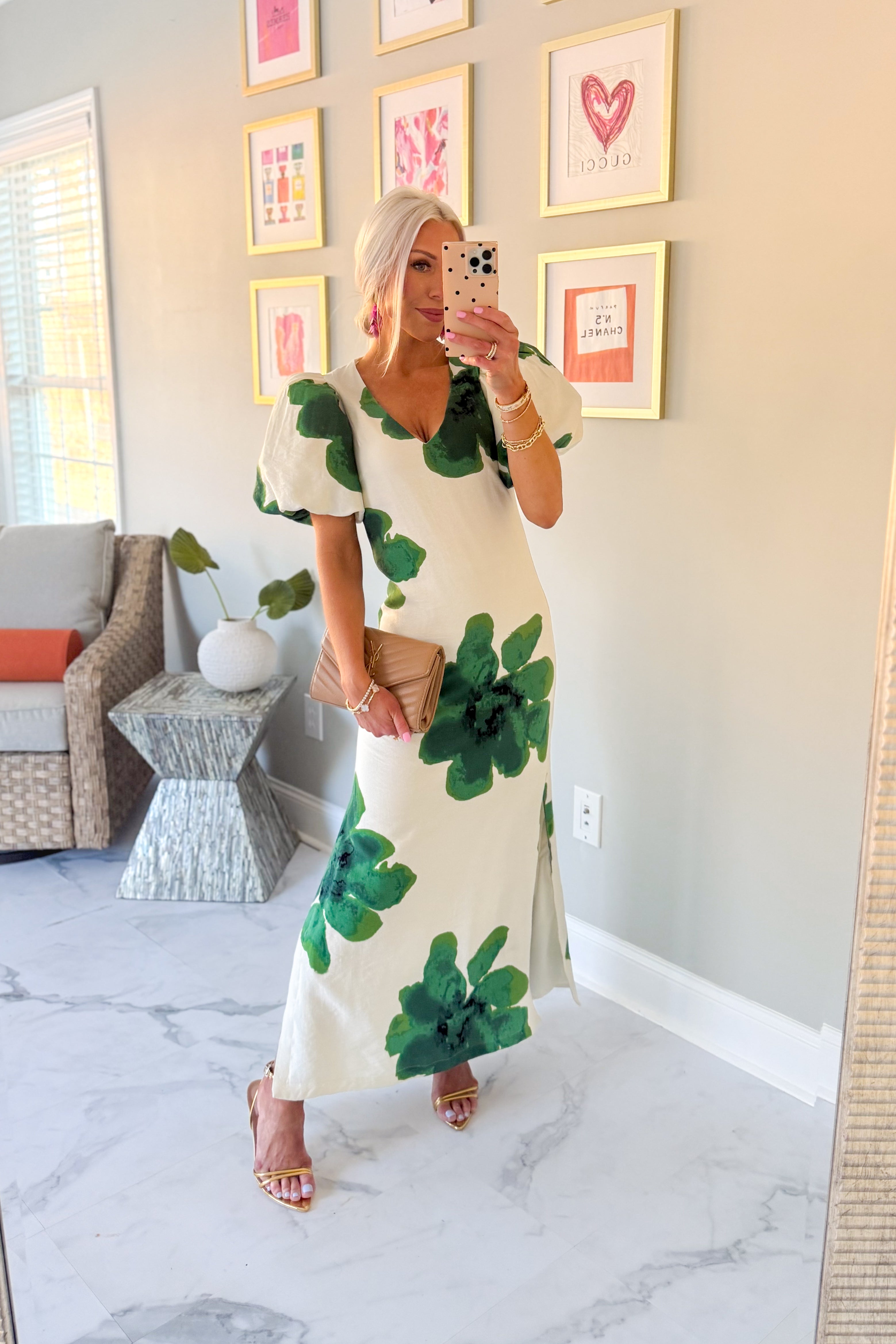Green Flower Print Puff Sleeve Maxi Dress