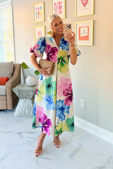 Purple and Blue Hibiscus Flower Collared Maxi Dress