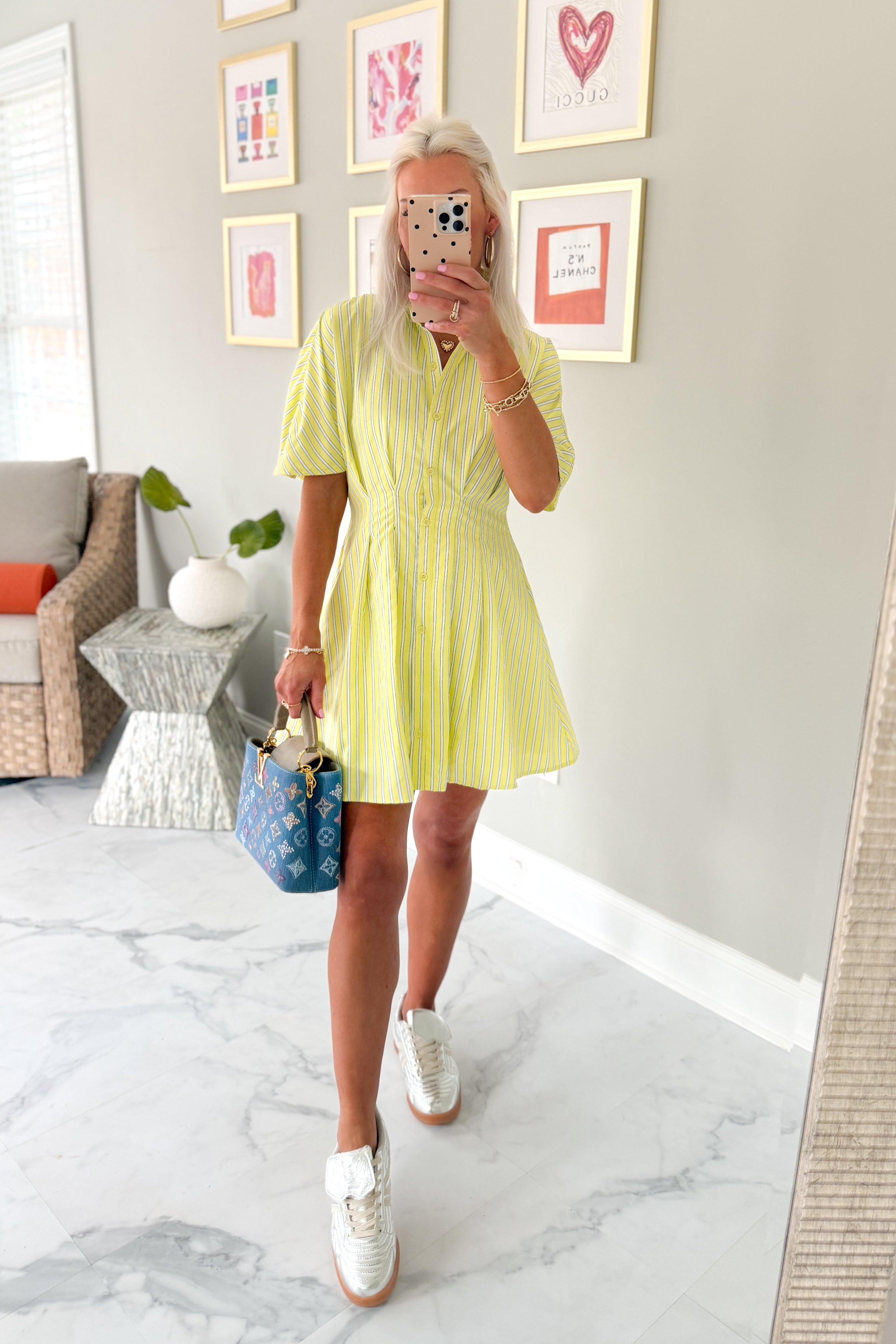 Yellow Striped Cinched Waist Mini Dress