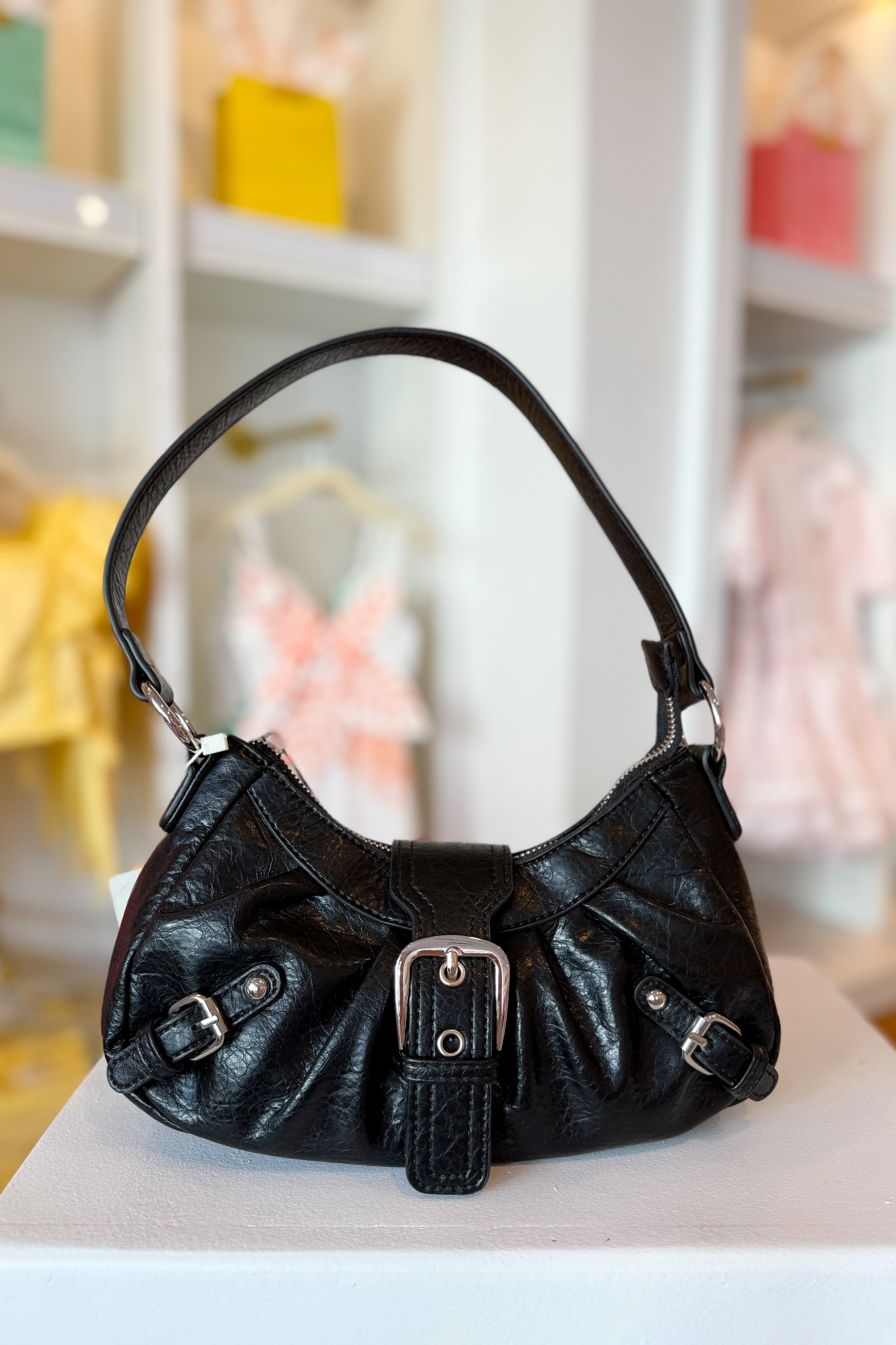Black Crescent Shaped Faux Leather Buckle Detail Shoulder Bag