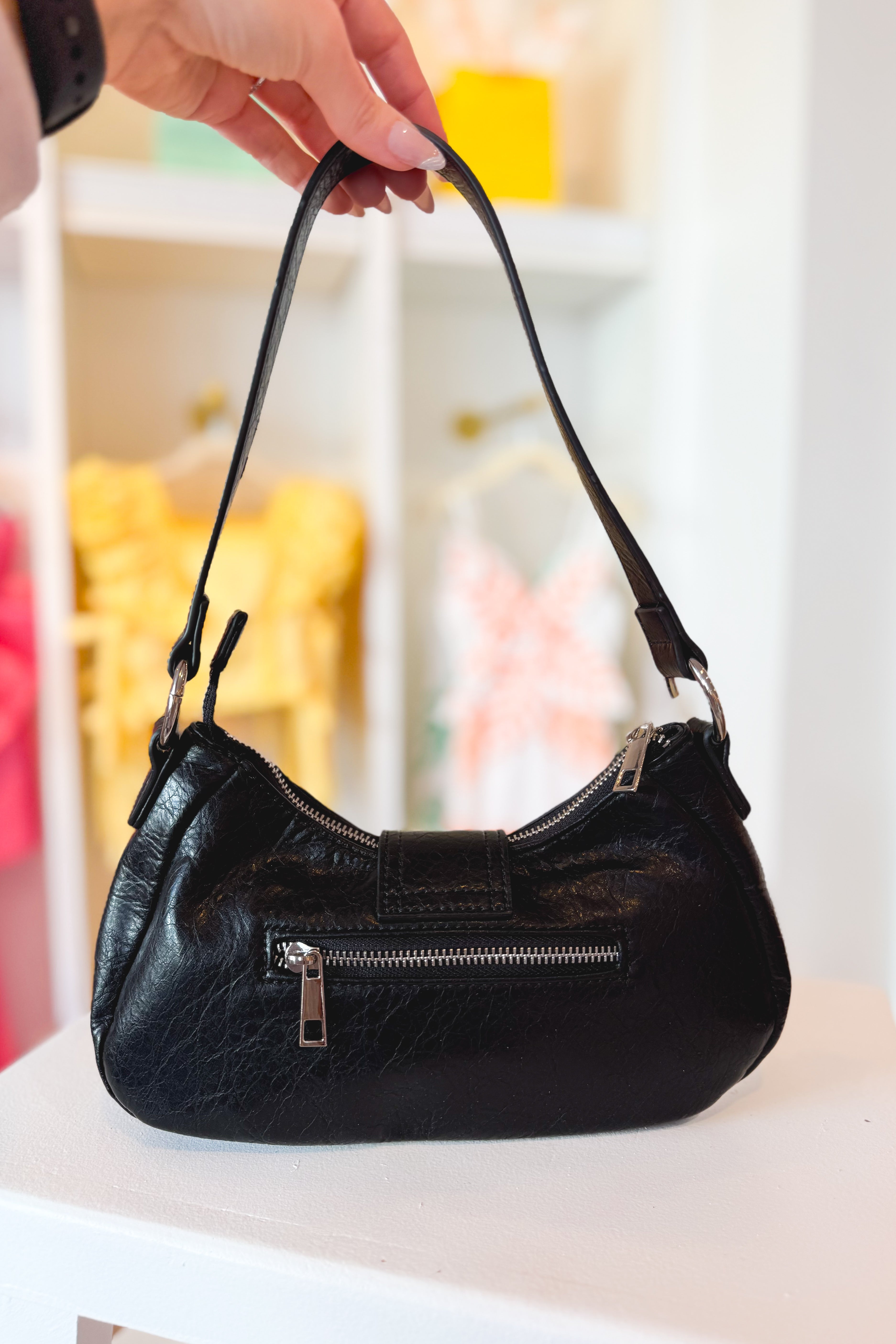 Black Crescent Shaped Faux Leather Buckle Detail Shoulder Bag