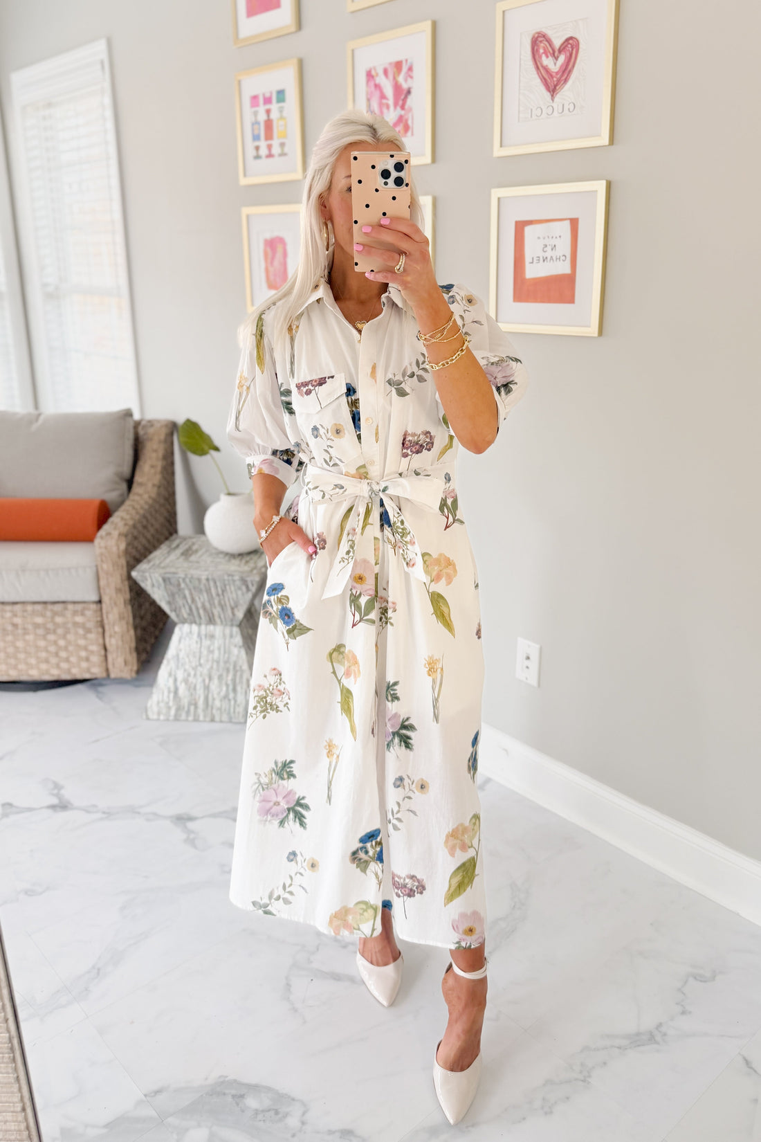 Ivory Belted Floral Print Midi Dress