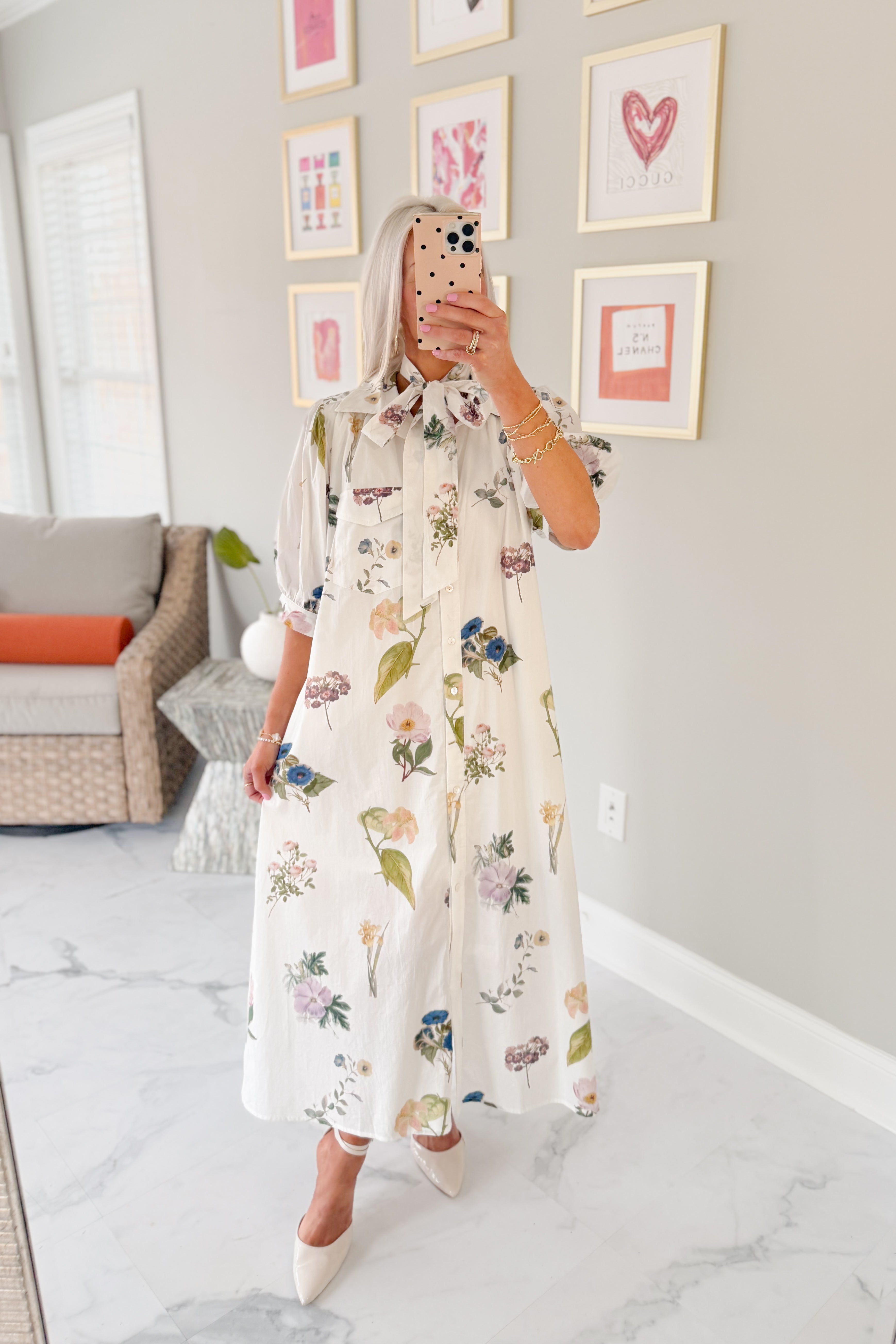 Ivory Belted Floral Print Midi Dress