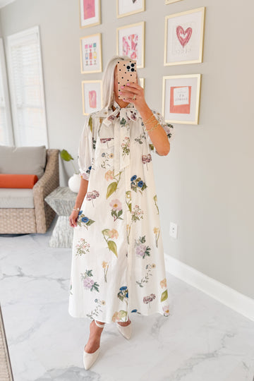 Ivory Belted Floral Print Midi Dress