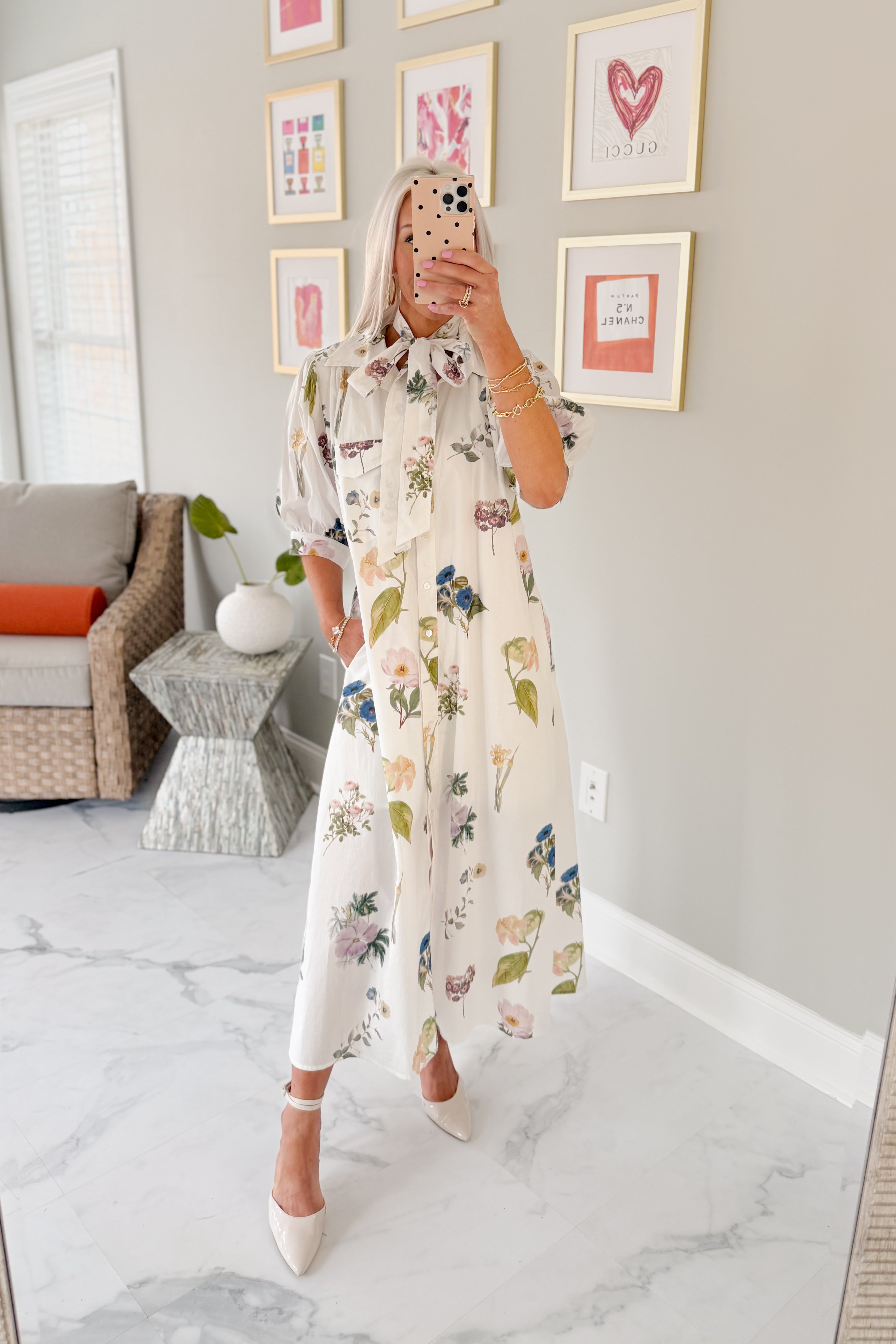 Ivory Belted Floral Print Midi Dress