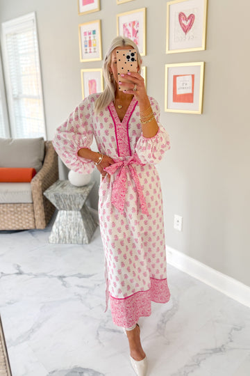 Pink and White Belted Long Sleeve Floral Maxi Dress
