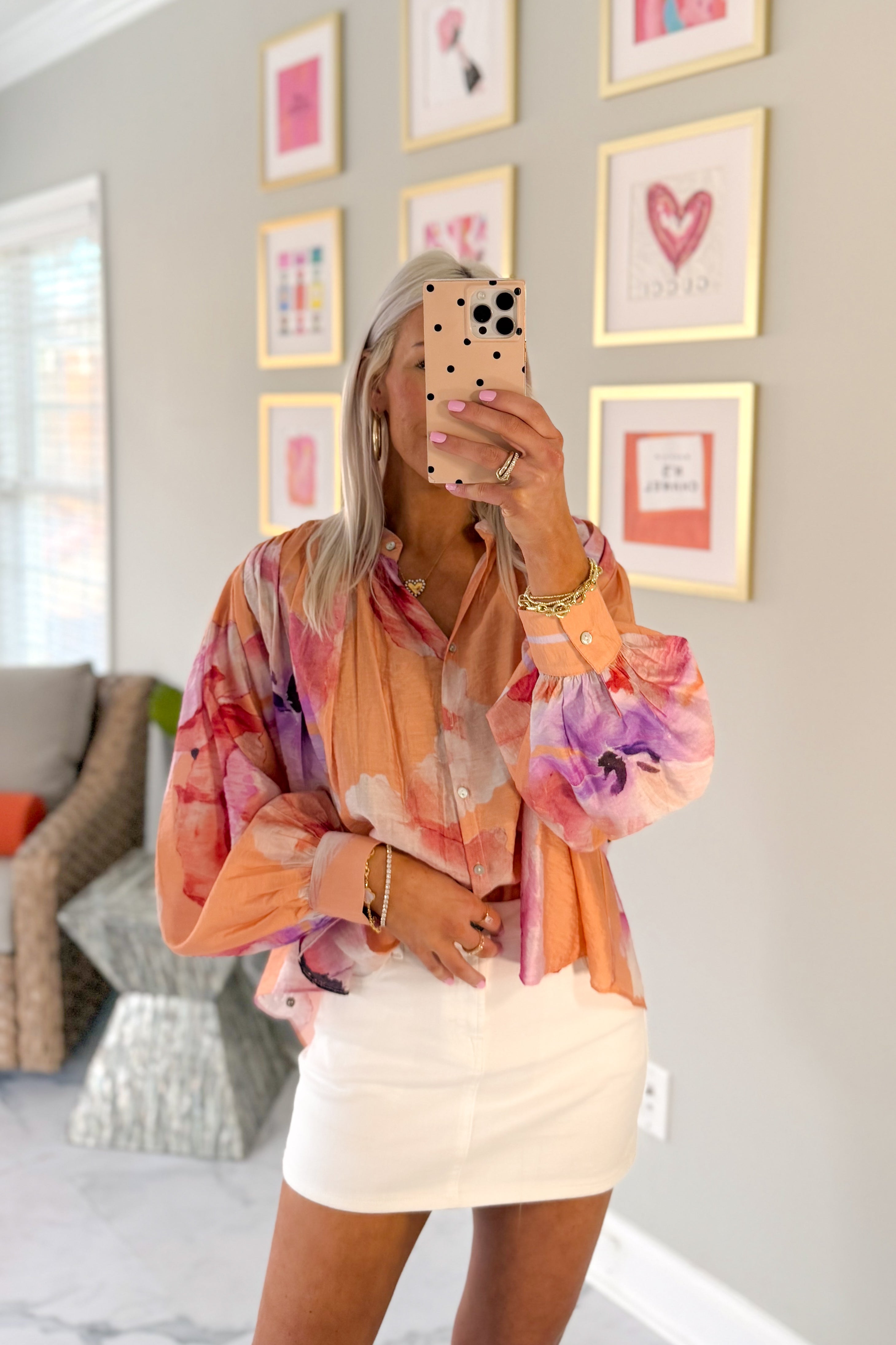 Orange Hibiscus Print Long Sleeve Blouse