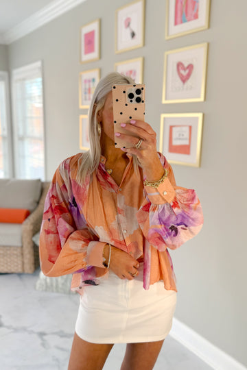 Orange Hibiscus Print Long Sleeve Blouse