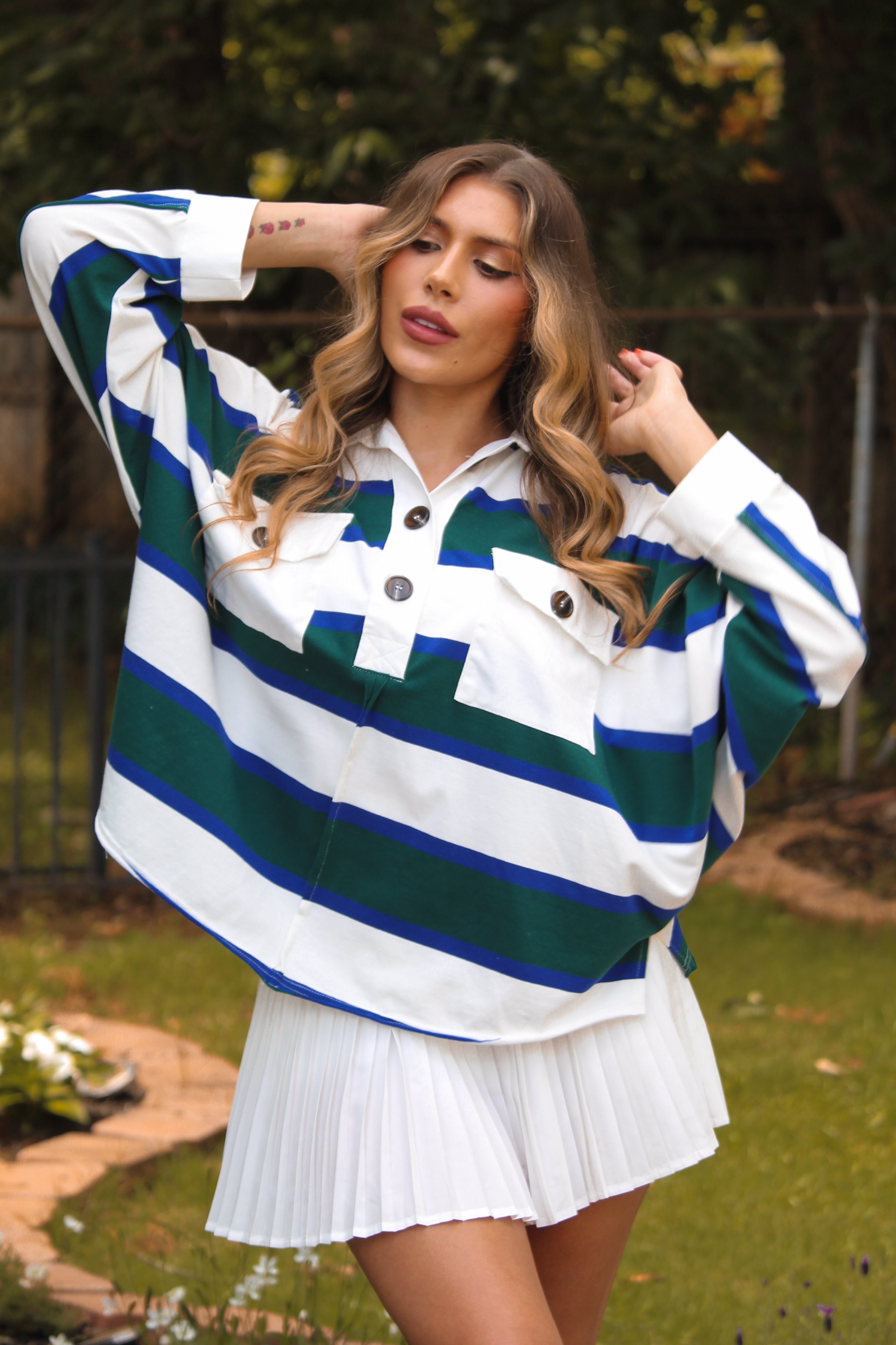Green And Navy Blue Striped Collared Rugby Top