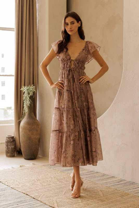 Tiered Floral Maxi Dress - Pink and Brown