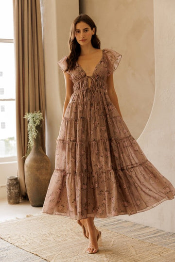 Tiered Floral Maxi Dress - Pink and Brown