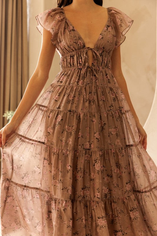 Tiered Floral Maxi Dress - Pink and Brown
