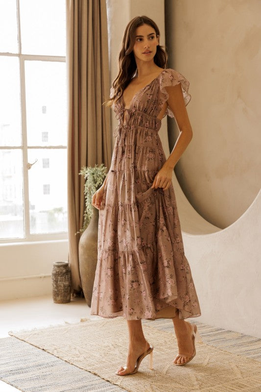 Tiered Floral Maxi Dress - Pink and Brown
