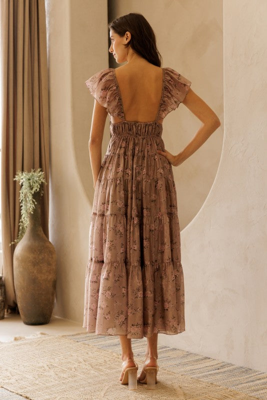 Tiered Floral Maxi Dress - Pink and Brown