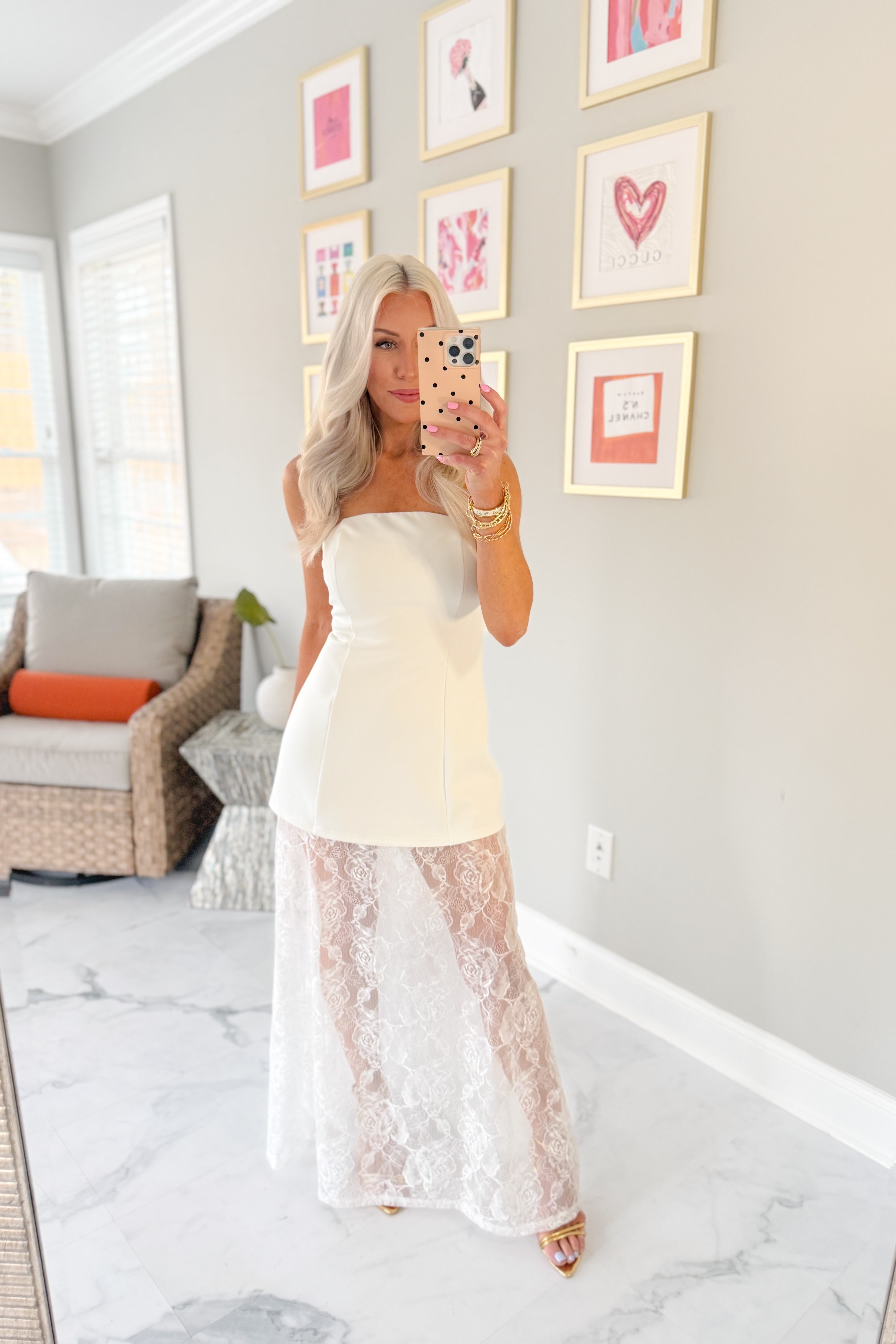 Strapless White Maxi Dress With Lace Hem