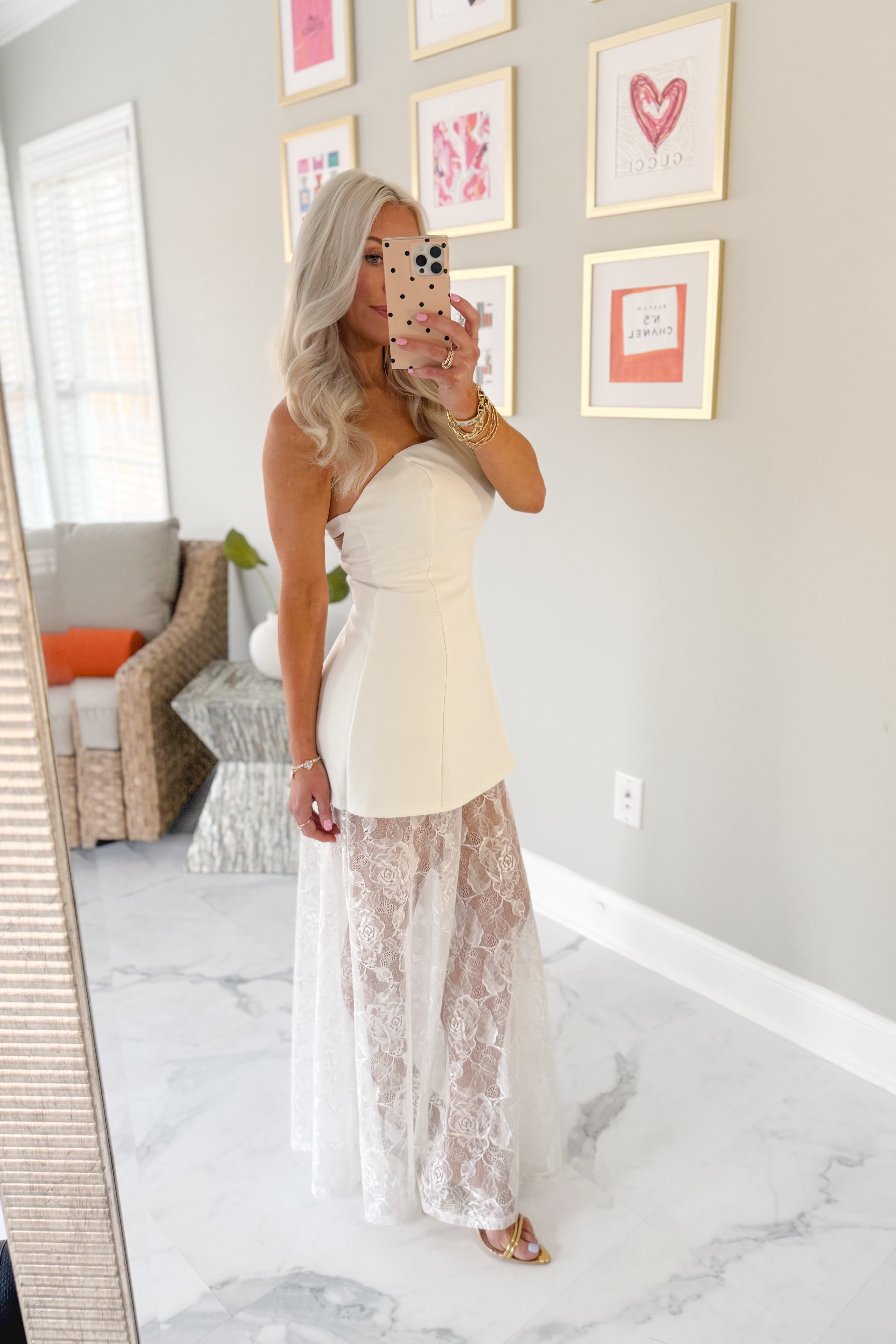 Strapless White Maxi Dress With Lace Hem