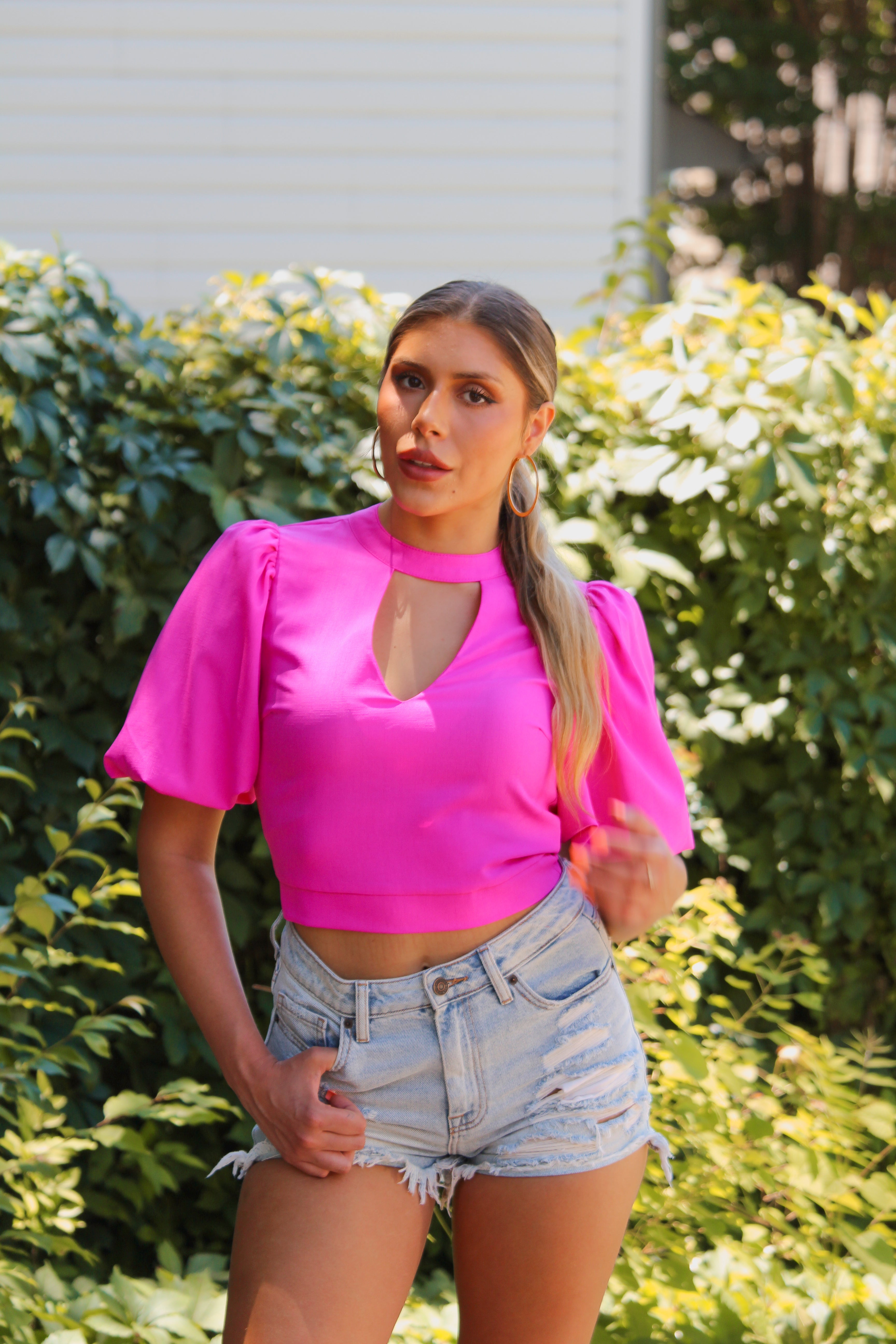 Fuchsia Puff Sleeve Crop Blouse