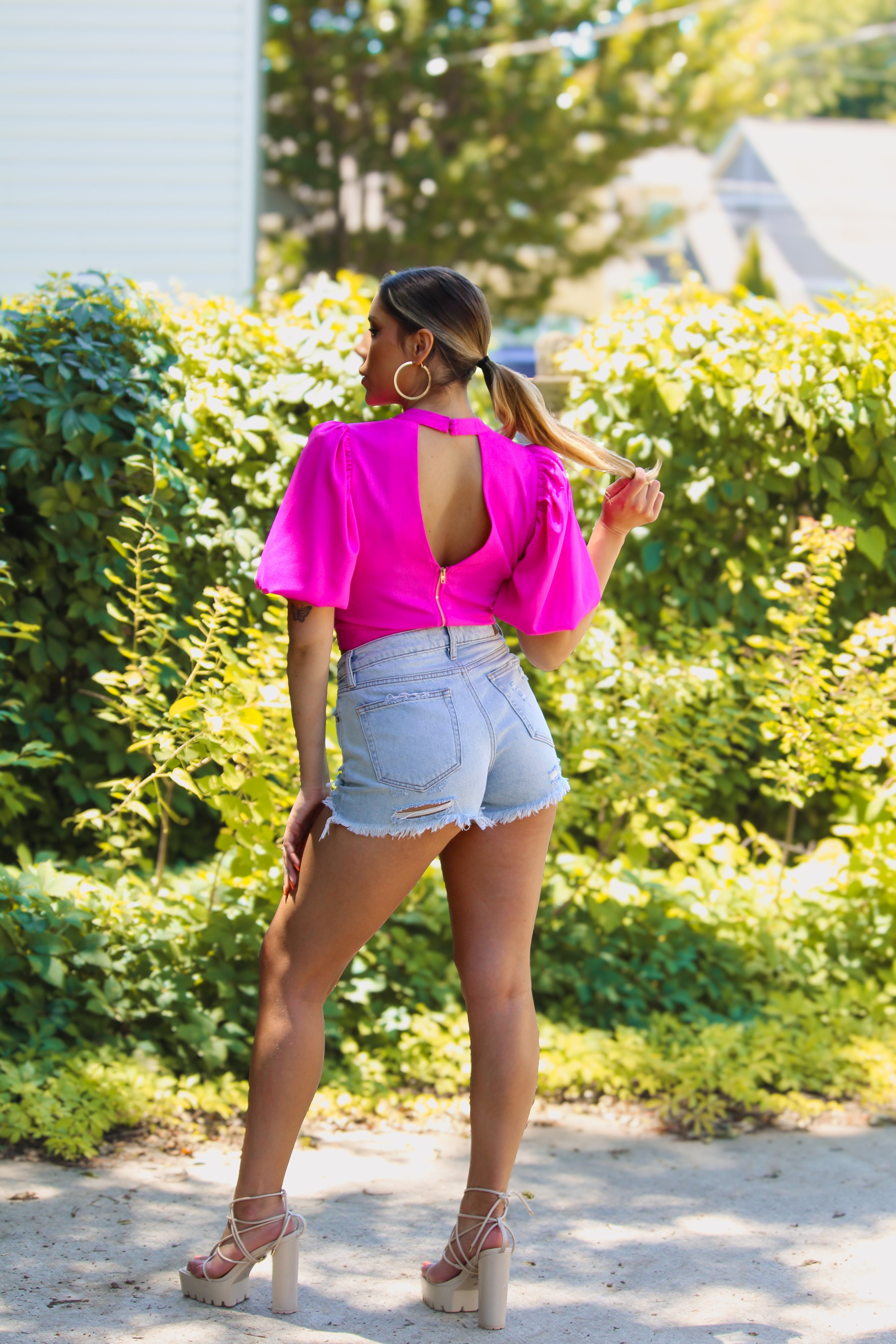 Fuchsia Puff Sleeve Crop Blouse