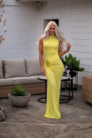 Butter Yellow Mock Neck Ruched Sheer Open Back Maxi Dress
