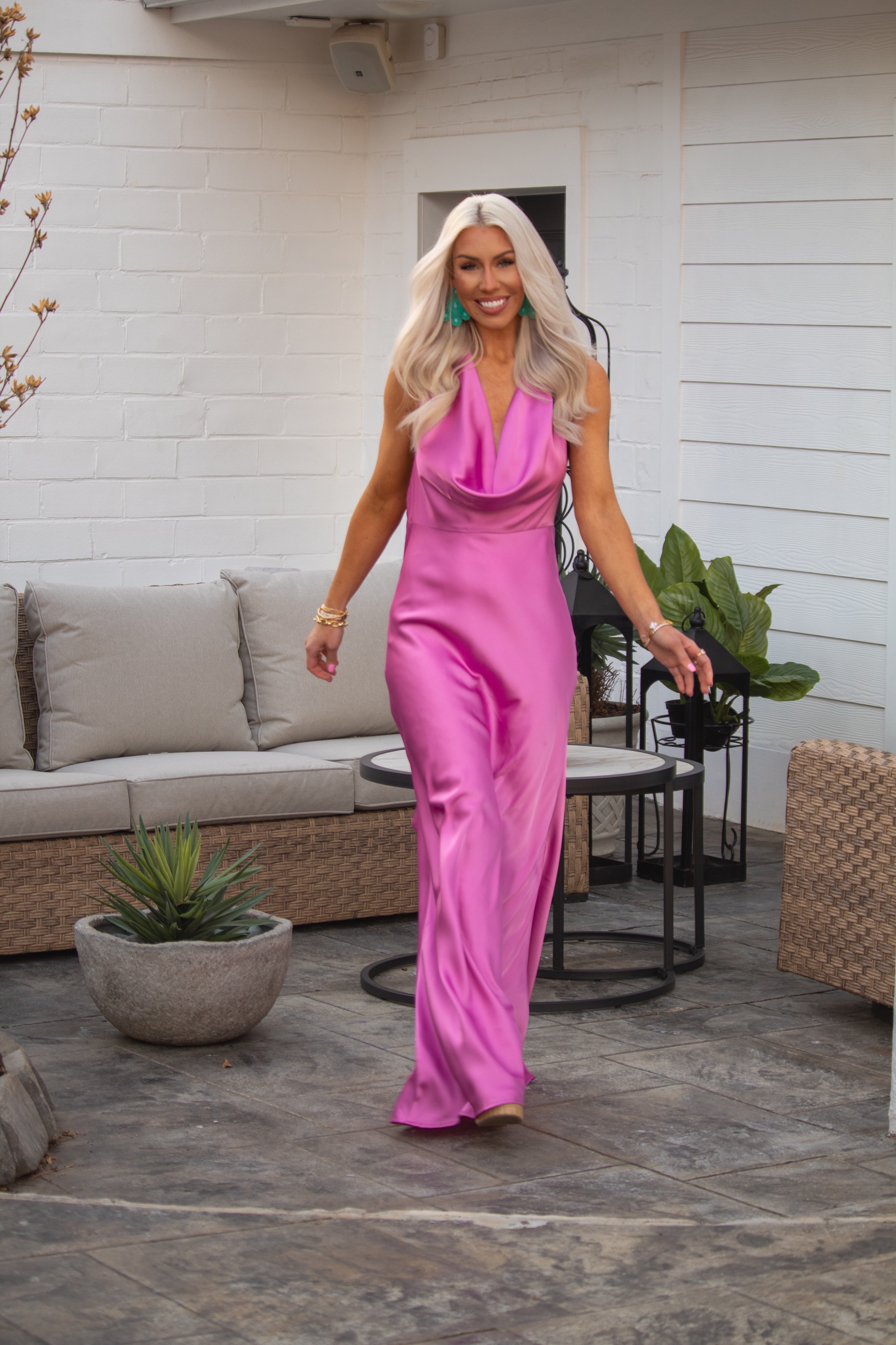 Orchid Pink Satin Cowl Neck Maxi Dress