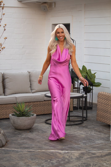 Orchid Pink Satin Cowl Neck Maxi Dress
