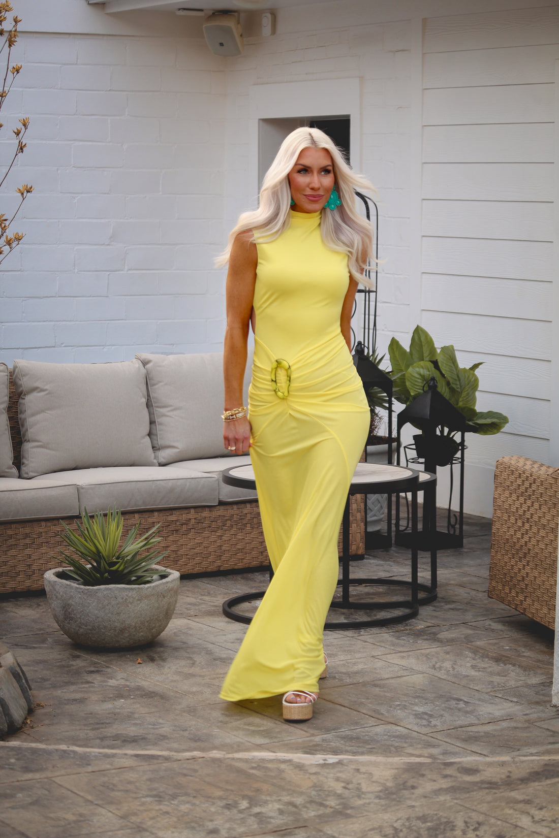 Butter Yellow Mock Neck Ruched Sheer Open Back Maxi Dress