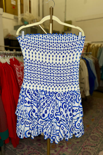 Blue and White Embroidered Drop Waist Mini Dress
