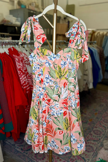 Peach Floral Tie Strap Mini Dress