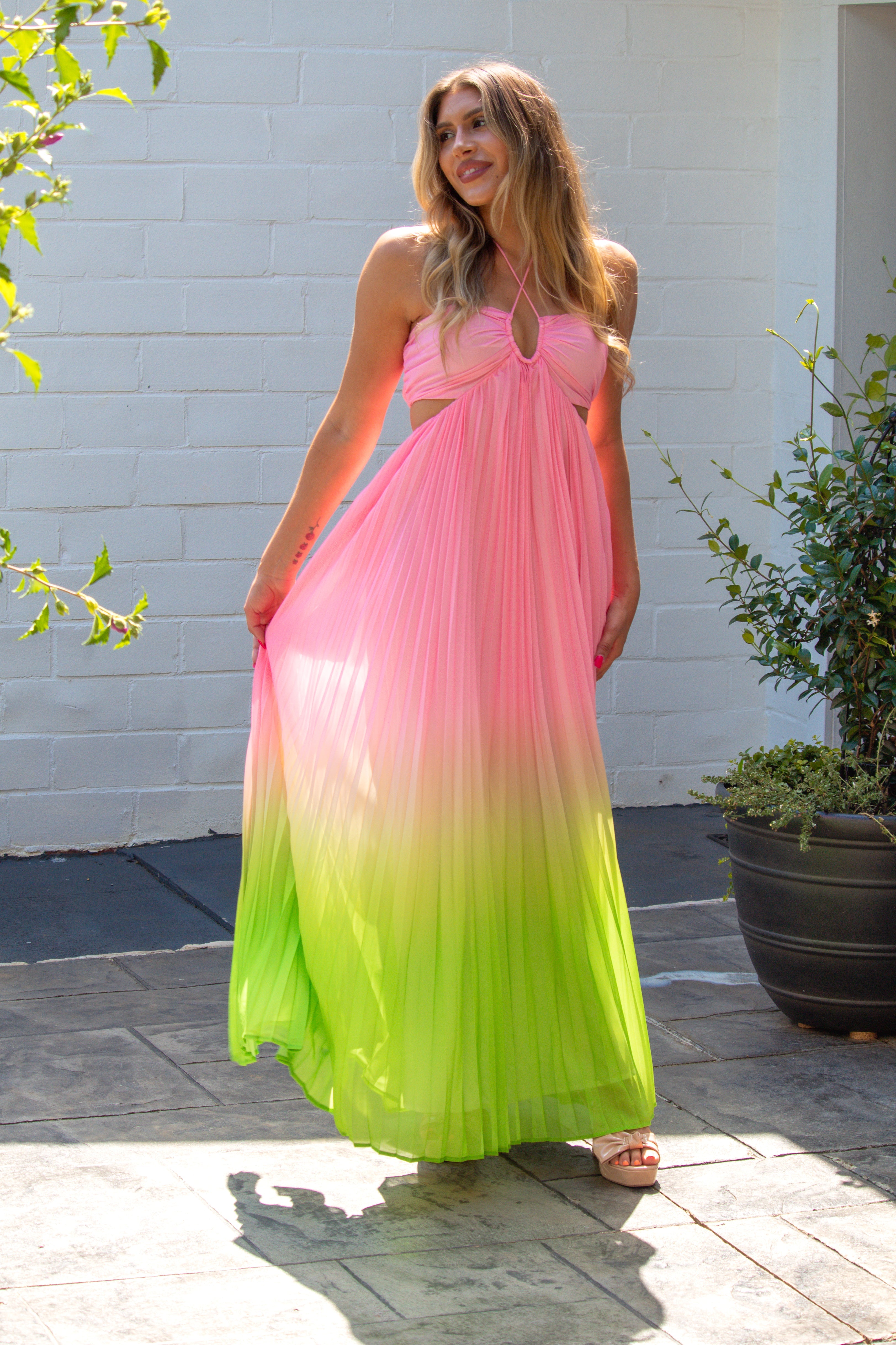 Pink and Green Ombre Pleated Halter Maxi Dress