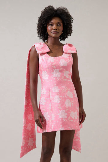 Hot Pink Jacquard Floral Bow Detail Mini Dress