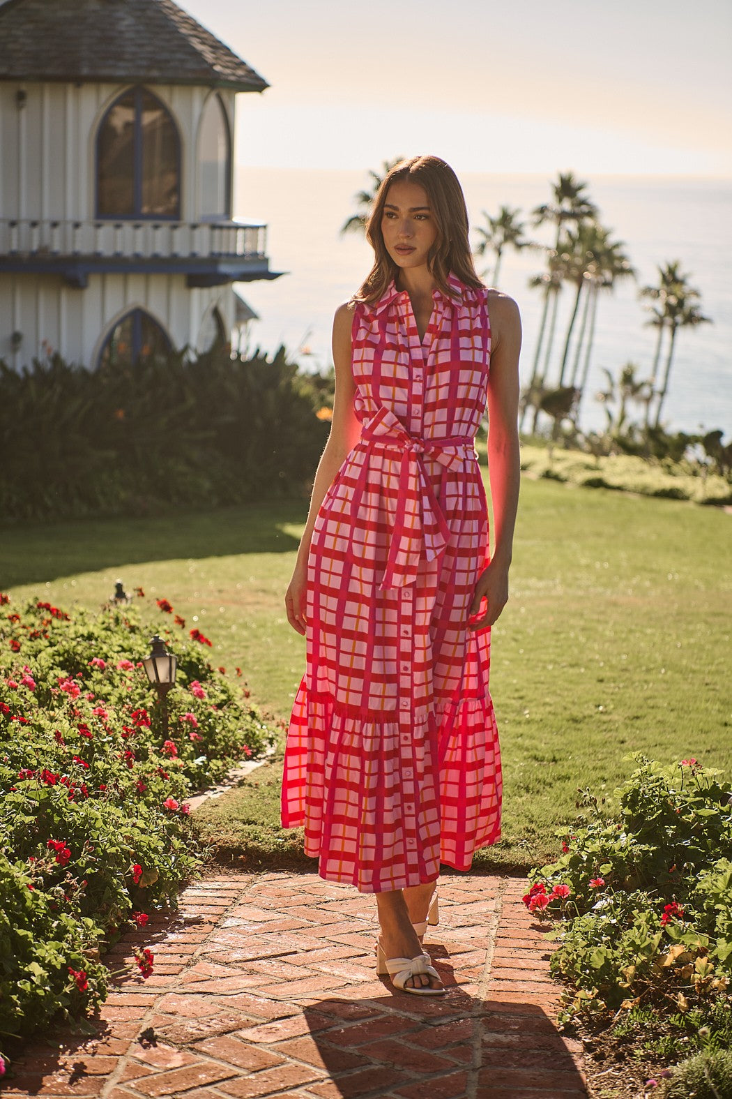 Pink Plaid Belted Maxi Dress