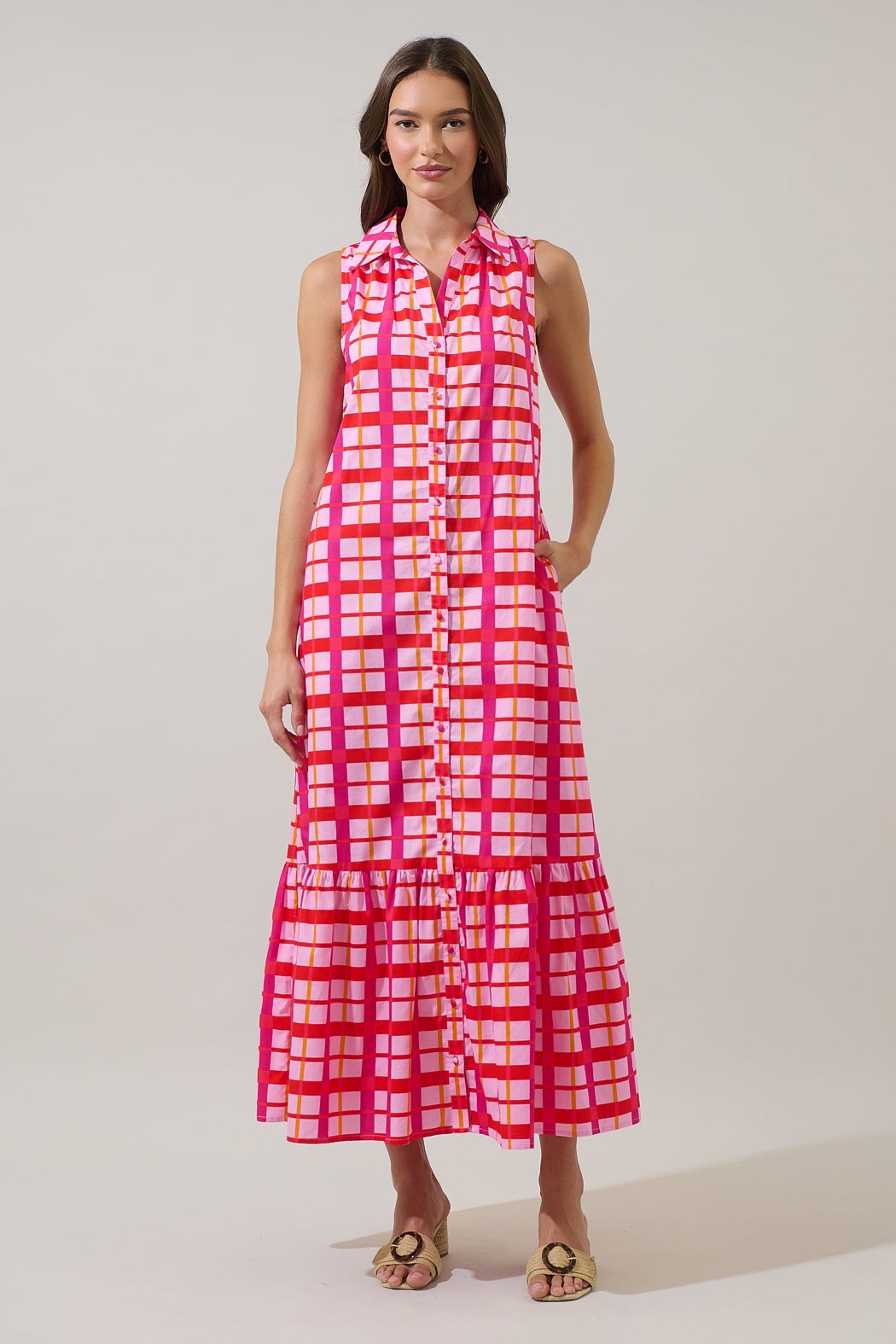 Pink Plaid Belted Maxi Dress