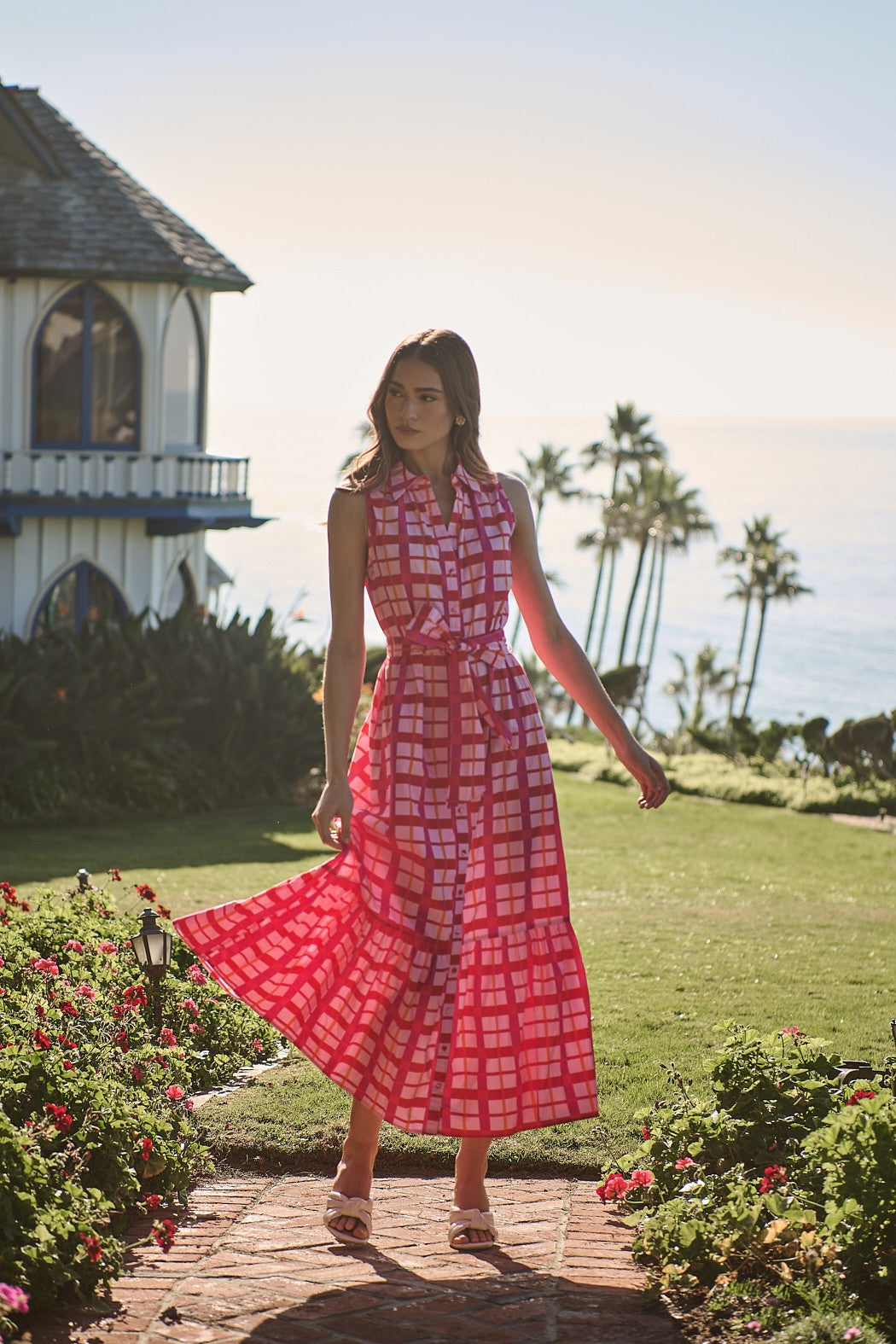 Pink Plaid Belted Maxi Dress