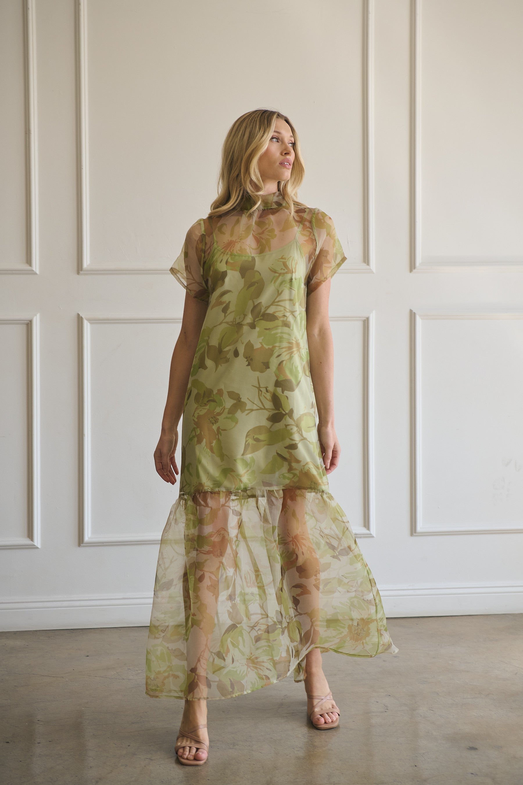 Green Botanical Sheer Overlay Maxi Dress