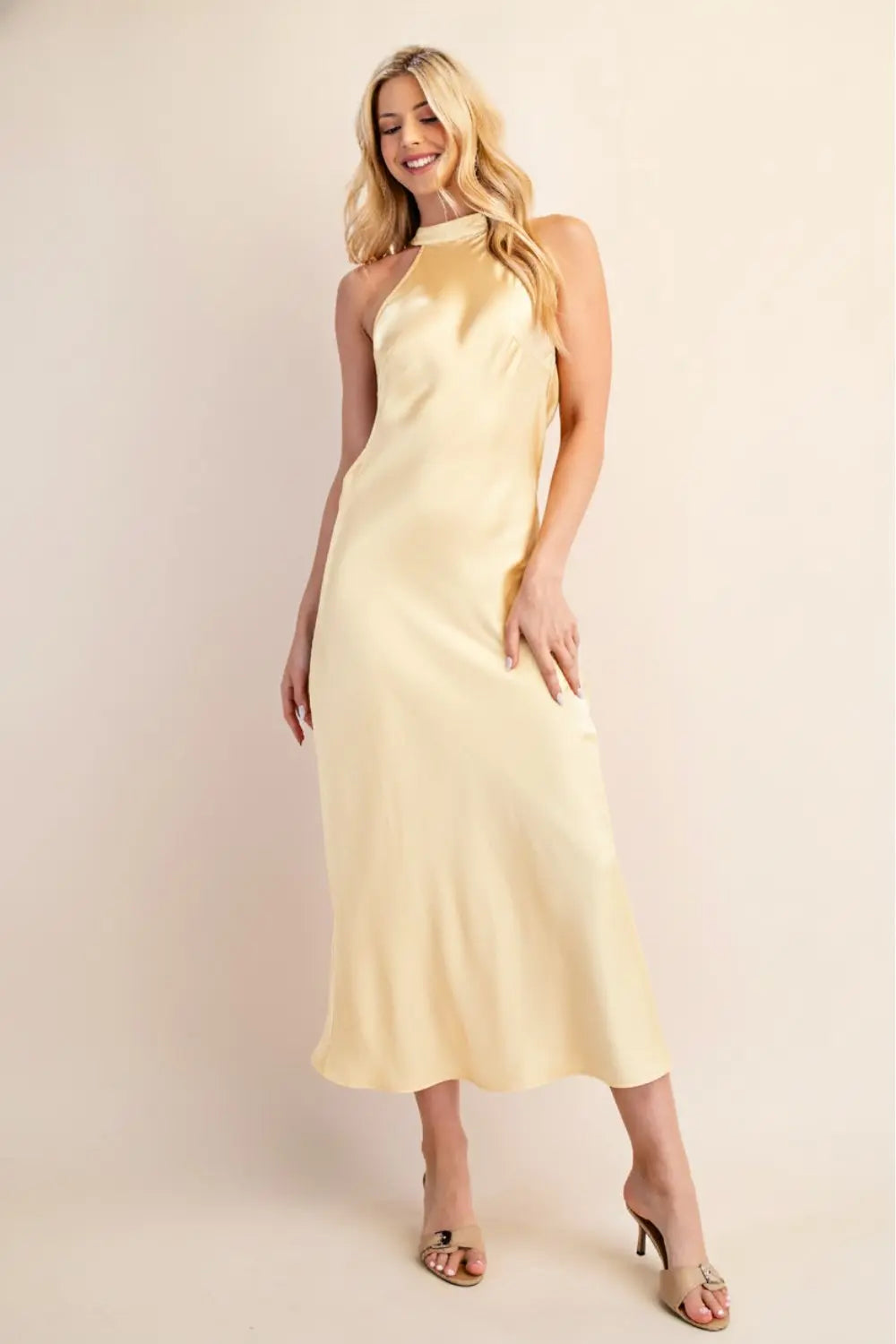 Satin Halter Neck Dress - Butter Yellow