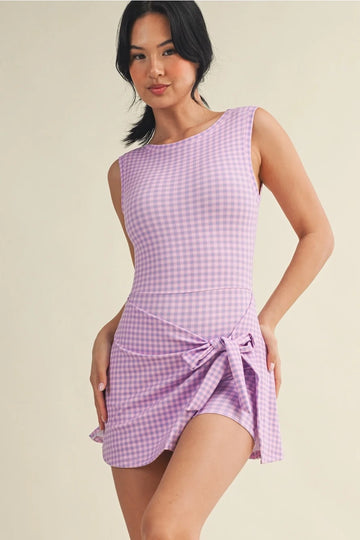 Gingham Sleeveless Wrap Front Tie Athletic Dress - Purple