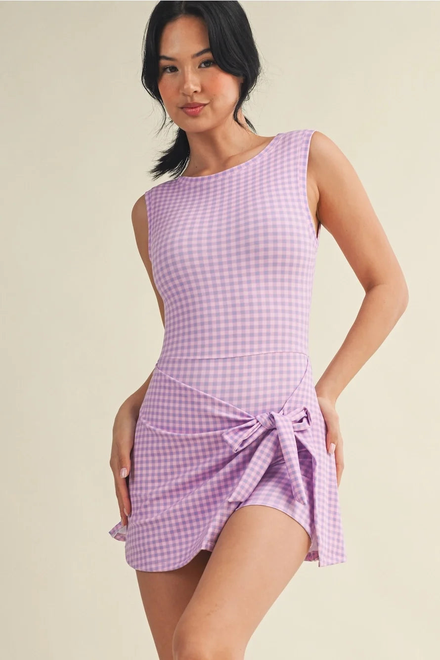 Gingham Sleeveless Wrap Front Tie Athletic Dress - Purple