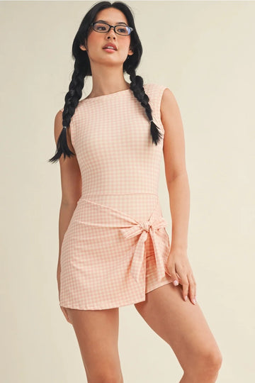 Gingham Sleeveless Wrap Front Tie Athletic Dress - Peach