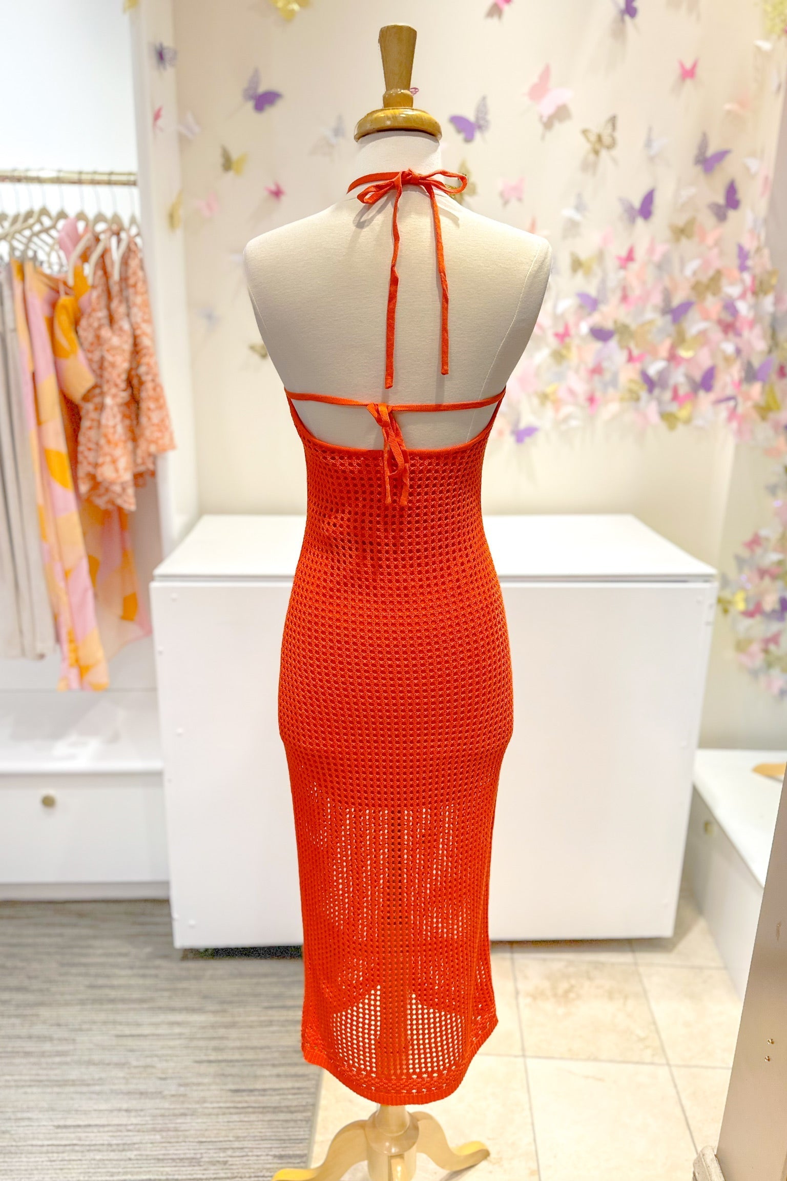 Orange Halter Neck Open Knit Midi Dress