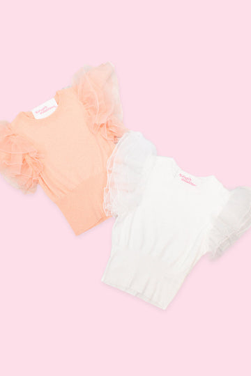 White Mesh Sleeve Ribbed Top