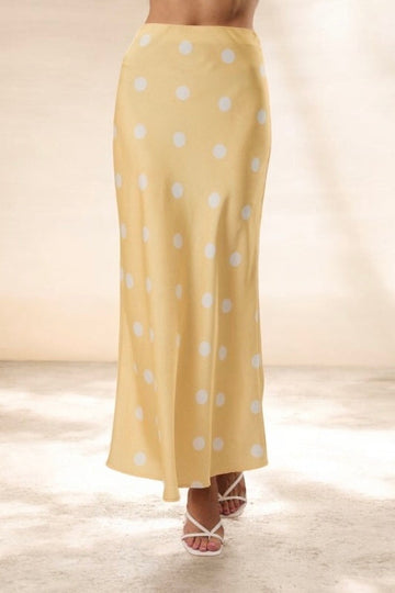 Butter Yellow Satin Polka Dot Midi Skirt