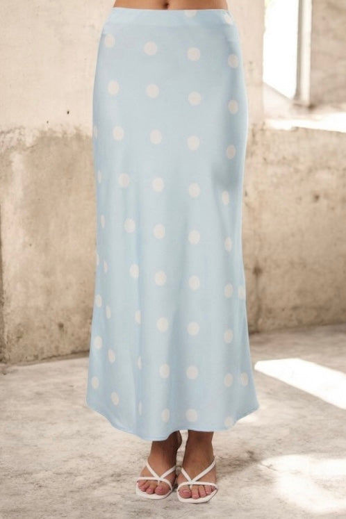 Baby Blue Satin Polka Dot Midi Skirt