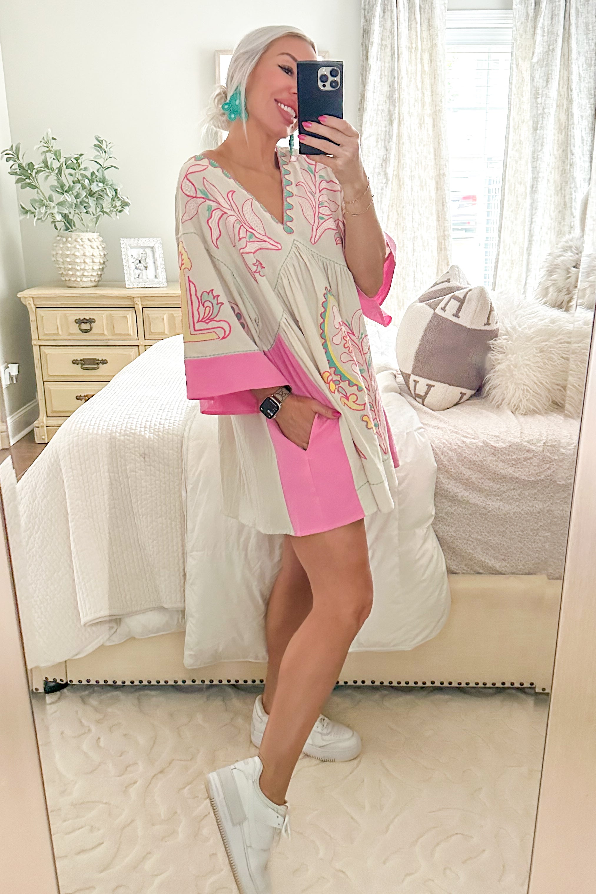Pink Floral Embroidered Mini Dress