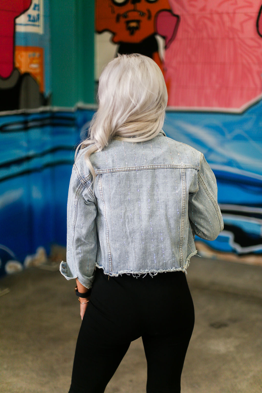 Kyler Rhinestone Raw Hem Denim Jacket