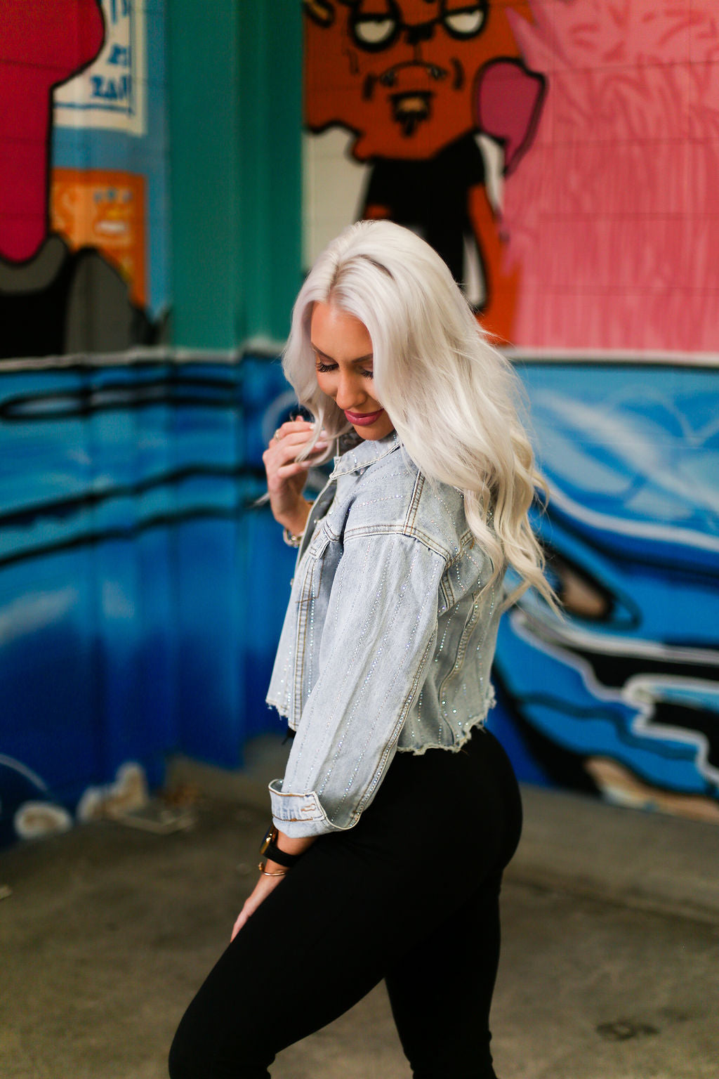 Kyler Rhinestone Raw Hem Denim Jacket